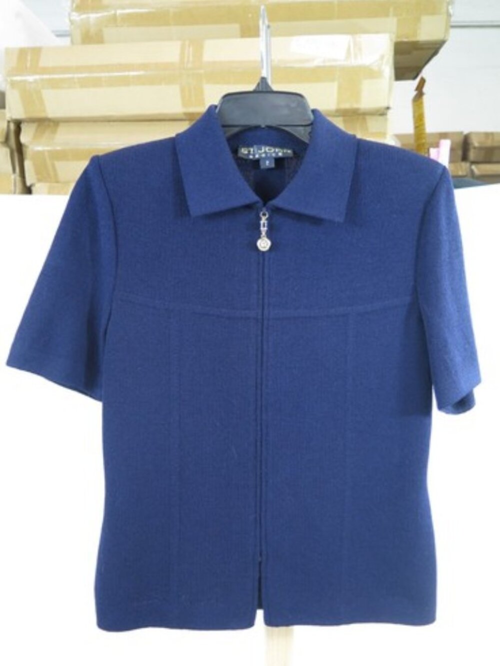 St. John Basics Navy Santana Knit Zip-Front Short Sleeve Jacket Top Size 2